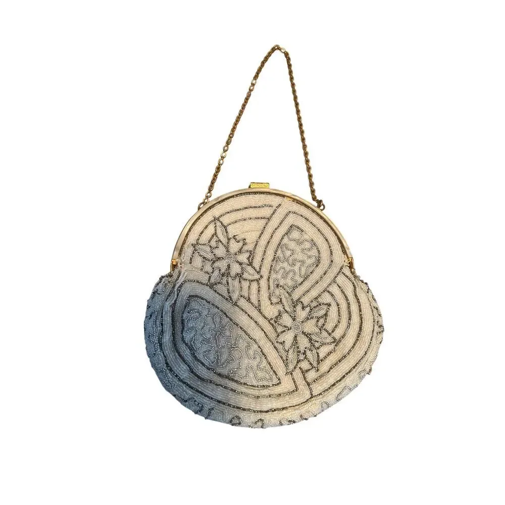 Art Deco Micro Beaded Evening Bag Beadwork Floral Geometric Flapper Purse